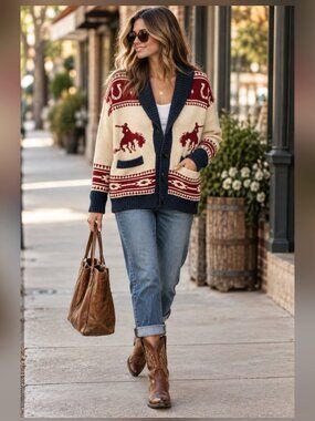 Brand New Lumière Western Cowboy Rodeo Horse Knit Cardigan Sweater Size Medium
